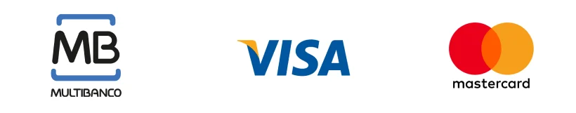 Logótipos dos métodos de pagamento, Multibanco, Visa e Mastercard